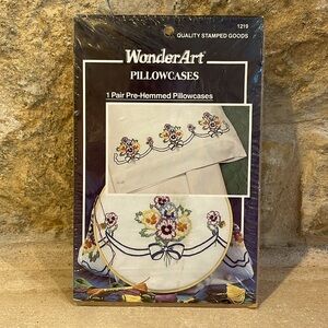NEW SEALED WonderArt Stamped Pillowcases Pair Pansy Delight #1219 Kit Vintage